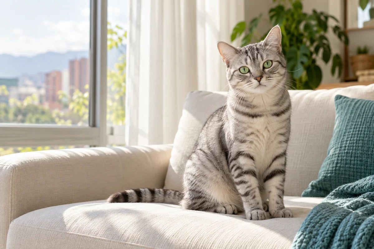 Gato adulto descansando en un hogar luminoso; escena ilustrativa