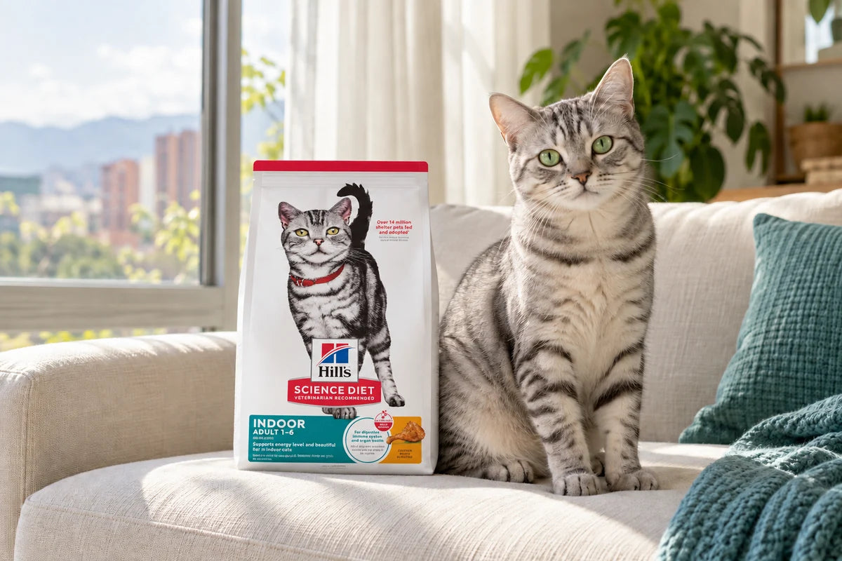 Gato adulto junto a la bolsa Hill’s Science Diet Indoor; escena ilustrativa