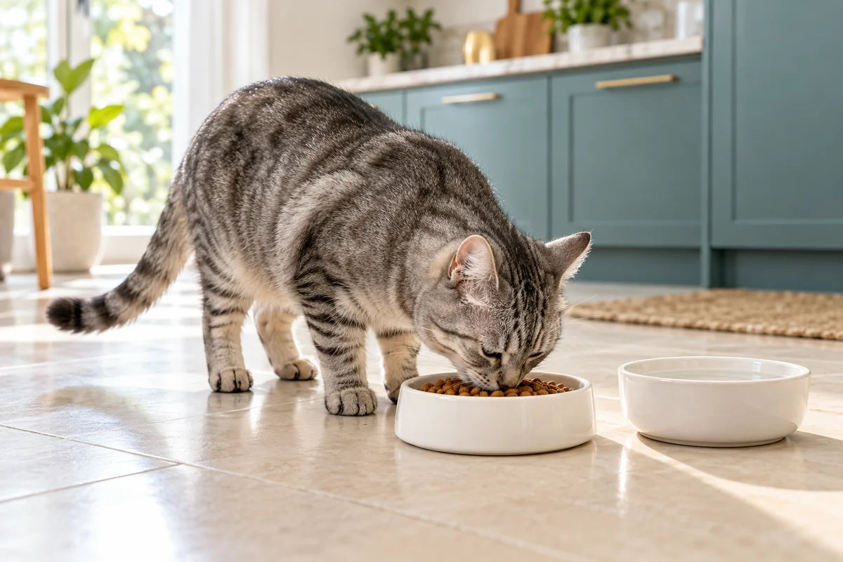 Gato junto a sus recipientes de alimento y agua; escena ilustrativa